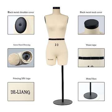 DE-LIANG Half Scale Dress Form Size 10 (Not Adult Full Size) Mini Mannequin for Sewing Pattern Making Dressmaker Dummy for Draping,1/2 Size Tailor Trouser Female Model Beige,Newest Style