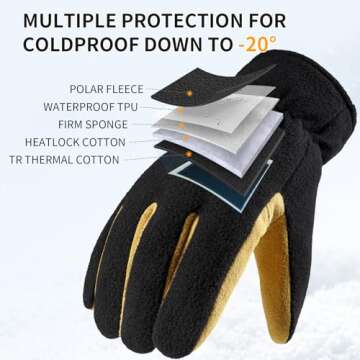 OZERO Winter Gloves for Men Women:Under 20F Deerskin Waterproof Windproof Leather Polar Fleece Cotton Warm Thermal Insulated Womens Mens Gloves Winter Work Running in Cold Weather-S Tan Black