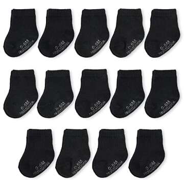 Fruit of the Loom Baby 14-Pack Grow & Fit Flex Zones Cotton Stretch Socks - Unisex, Girls, Boys (0-6 Months, Black)