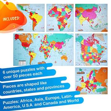 GeoToys GeoPuzzle, Country-Shaped Jigsaw Puzzles Set of 6, Geography Puzzle, Geography Game & Map Puzzle, Jigsaw Puzzles for Kids Ages 6-9 Years Old.