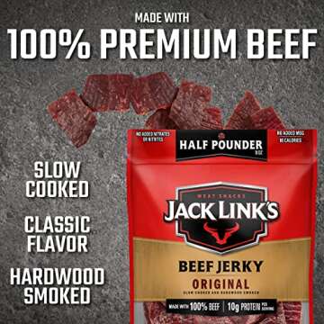 Jack Link's Beef Jerky, Original, 1/2 Pounder Bag - Flavorful Meat Snack, 10g of Protein and 80 Calories, Made with Premium Beef - 96% Fat Free, No Added MSG** or Nitrates/Nitrites, 8oz