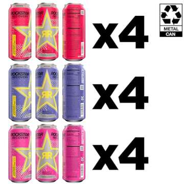 Rockstar Recovery Non-Carbonated Energy Drink, 3 Flavor Variety Pack (Raspberry Lemonade, Berryade, Strawberry Lemonade), 16 Fl Oz Cans (12 Pack), 160mg Caffeine, B Vitamins, Electrolytes