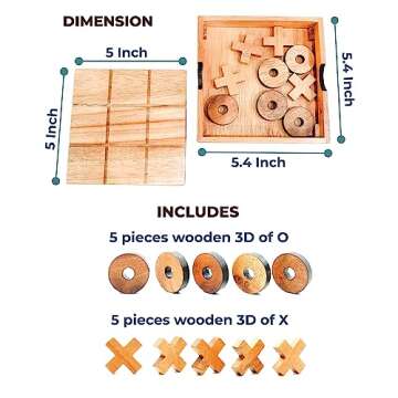 BSIRI Wooden Tic Tac Toe Game - Brain Teaser Puzzles for Adults and Unique Gifts for Kids, Coffee Table Decor Living Room Decor Modern Wood Decor, Classic Board Games for Family (5.5 Inch)