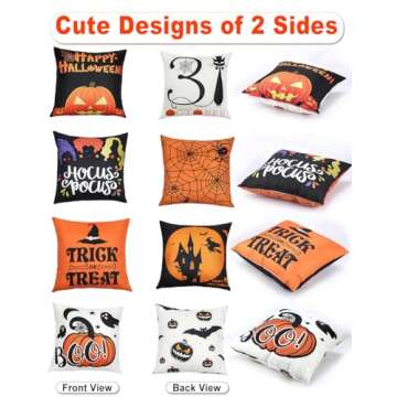 Halloween Decorations Double-Side Printing Pillow Covers 18'' x 18'' Set of 4, with 8 Cute Halloween Decor Patterns, Elegant Invisible Zipper, Durable Soft Linen Throw Pillow Covers Outdoor Indoor