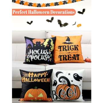 Halloween Decorations Double-Side Printing Pillow Covers 18'' x 18'' Set of 4, with 8 Cute Halloween Decor Patterns, Elegant Invisible Zipper, Durable Soft Linen Throw Pillow Covers Outdoor Indoor