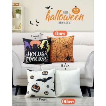 Halloween Decorations Double-Side Printing Pillow Covers 18'' x 18'' Set of 4, with 8 Cute Halloween Decor Patterns, Elegant Invisible Zipper, Durable Soft Linen Throw Pillow Covers Outdoor Indoor