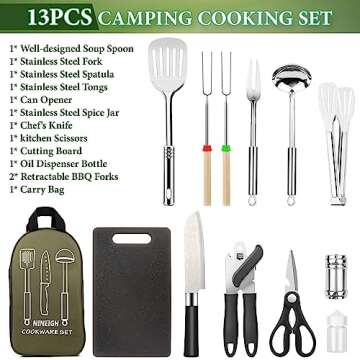 Camping Cookware Set, Camping Kitchen Gear, Camp Utensil Set Stainless Steel Grill Tools, Camping Cooking BBQ Equipment Kit for Travel Tent Picnic Portable Kitchen Essentials Accessories