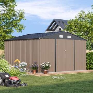 Patiowell 10 x 10 FT Outdoor Storage Shed,Metal Yard Shed with Design of Lockable Doors, Utility and Tool Storage for Garden, Patio, Backyard, Outside use,Brown