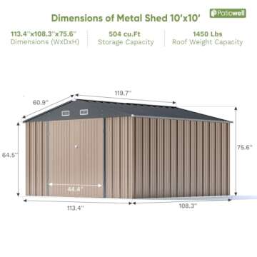 Patiowell 10 x 10 FT Outdoor Storage Shed,Metal Yard Shed with Design of Lockable Doors, Utility and Tool Storage for Garden, Patio, Backyard, Outside use,Brown