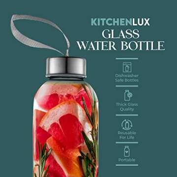 Kitchen Lux 32 oz Glass Water Bottle Set of 4 - Reusable, Eco-Friendly, Airtight, Leak Proof Bottles for Travel