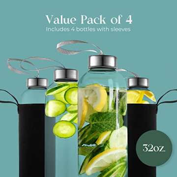 Kitchen Lux 32 oz Glass Water Bottle Set of 4 - Reusable, Eco-Friendly, Airtight, Leak Proof Bottles for Travel