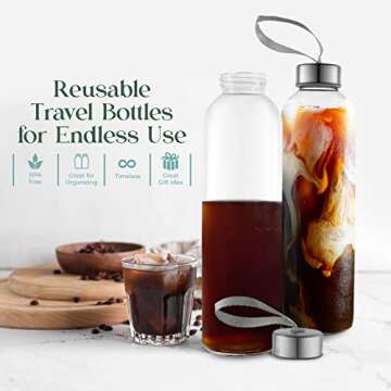 Kitchen Lux 32 oz Glass Water Bottle Set of 4 - Reusable, Eco-Friendly, Airtight, Leak Proof Bottles for Travel