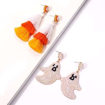 NLCAC 2 Pairs Halloween Earrings Beaded Ghost Candy Corn Tassel Dangle Earrings Spooky Halloween Costumes Decorations Party Jewelry Gifts Ghost Tassel