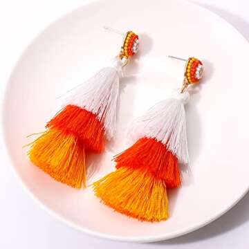 NLCAC 2 Pairs Halloween Earrings Beaded Ghost Candy Corn Tassel Dangle Earrings Spooky Halloween Costumes Decorations Party Jewelry Gifts Ghost Tassel