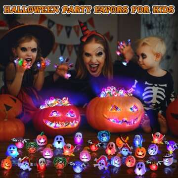 Coluans Halloween Treats 50Pcs Halloween LED Ring Light Up Rings Halloween Toys Glow in The Dark Halloween Party Favors for Kid LED Flash Rings Non Candy Gift Bag Fillers NEW VERSION