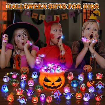 Coluans Halloween Treats 50Pcs Halloween LED Ring Light Up Rings Halloween Toys Glow in The Dark Halloween Party Favors for Kid LED Flash Rings Non Candy Gift Bag Fillers NEW VERSION