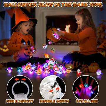 Coluans Halloween Treats 50Pcs Halloween LED Ring Light Up Rings Halloween Toys Glow in The Dark Halloween Party Favors for Kid LED Flash Rings Non Candy Gift Bag Fillers NEW VERSION