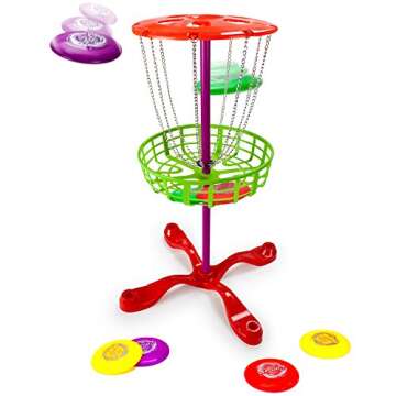 K-Roo Sports Little Flyers Family Disc Golf and Target Set | 8 Mini Discs and 25-inch Tall Basket | Kids Intro Disc Golf Toy Set | Portable Indoor/Outdoor Yard Games