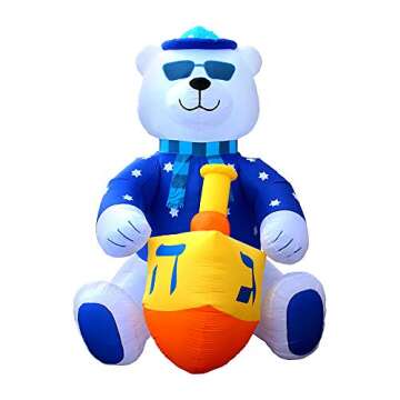 Jumbo 11' ft Hanukkah Inflatable Yard Decoration Lighted Chanukah Themed Bear Blowup Indoor and Outdoor Holiday Decorations LED Glowing with Air Blower, Tie-Down Stakes Chanukah Décor by Zion Judaica