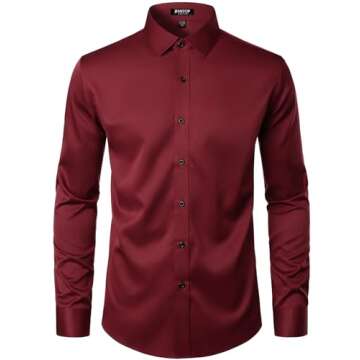 JEMITOP Men's Stretch Wrinkle Free Dress Shirts Formal Wedding Prom Long Sleeve Slim Fit Button Down Shirt Burgundy S