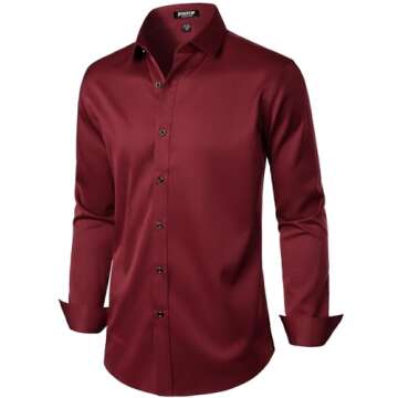 JEMITOP Men's Stretch Wrinkle Free Dress Shirts Formal Wedding Prom Long Sleeve Slim Fit Button Down Shirt Burgundy S