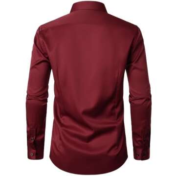 JEMITOP Men's Stretch Wrinkle Free Dress Shirts Formal Wedding Prom Long Sleeve Slim Fit Button Down Shirt Burgundy S