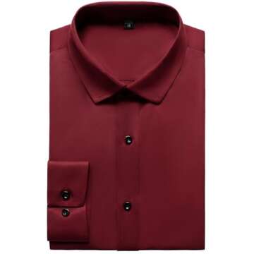 JEMITOP Men's Stretch Wrinkle Free Dress Shirts Formal Wedding Prom Long Sleeve Slim Fit Button Down Shirt Burgundy S