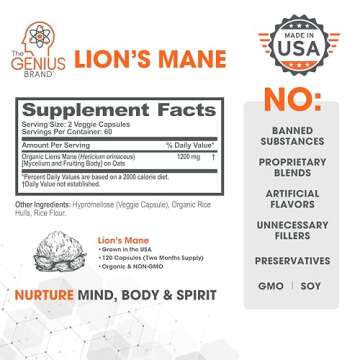 The Genius Brand Genius Lion's Mane Cognition Vitamins Supplement Capsules - Organic Nootropic Supplement, 1200mg per Serving – 120 Veggie Pills