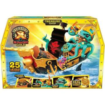Treasure X Sunken Gold Treasure Ship Playset - 25 Levels of Adventure | Find Guaranteed Real Gold Dipped Treasure | Interactive Fun for All, Treasure Hunter
