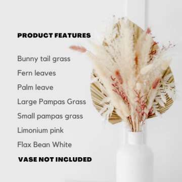 South Pillar - Dried Pink Pampas Grass Bouquet - 17.5 Inch - Palm Leave, Fern, Bunny Tail Grass and Dried Flowers - Vase Not Included - Boho Wedding and Home Decor