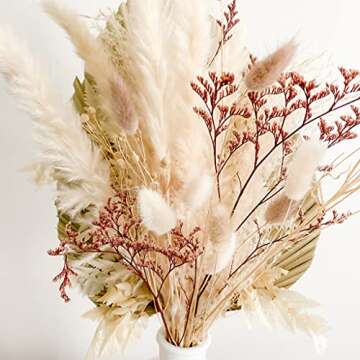 South Pillar - Dried Pink Pampas Grass Bouquet - 17.5 Inch - Palm Leave, Fern, Bunny Tail Grass and Dried Flowers - Vase Not Included - Boho Wedding and Home Decor