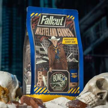 Bones Coffee Company Fallout Wasteland Crunch Flavored Coffee Beans, Medium Roast Ground Coffee Low Acid, Chocolate Candy Bar Flavor (12 oz)