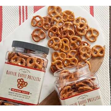 Everton Original Butter Toffee Pretzels: Gourmet Artisan Butter Toffee Covered Pretzels, made in small batches for that Rich Small Batch Butter Toffee Confection. 15oz Gourmet Grab Jar