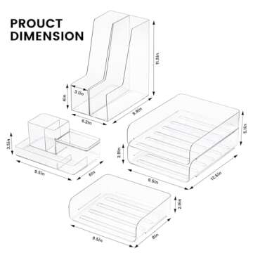 CiWiVOKi Desk Organizer with 2 Vertical File Holder, 4 Tier Stackable Paper Letter Tray File Organizer with 5-Compartments Pen Holder, Clear Desktop Organizer Office Organization and Storage