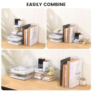 CiWiVOKi Desk Organizer with 2 Vertical File Holder, 4 Tier Stackable Paper Letter Tray File Organizer with 5-Compartments Pen Holder, Clear Desktop Organizer Office Organization and Storage