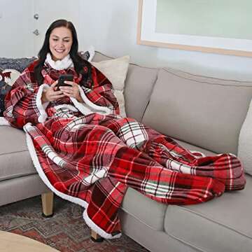 Catalonia Sherpa Wearable Blanket with Sleeves & Foot Pockets for Adult Women Men, Comfy Snuggle Wrap Sleeved Throw Blanket Robe, Gift Idea, Plaid