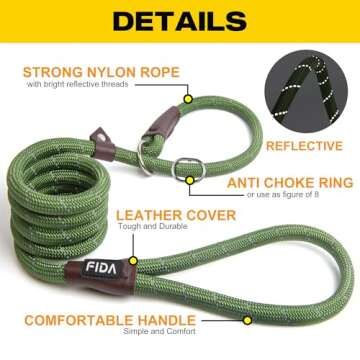 Fida Durable Slip Lead , 6 FT x 1/2" Heavy Duty Loop Leash, Comfortable Strong Rope Leash for Large, Medium Dogs, No Pull Pet Training Leash with Highly Reflective, Green