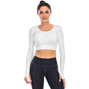 ECUPPER Women Long Sleeve Workout Tops Backless Yoga Gym Shirts Athletic Crop Top with Built in Bra for Fitness Sports Activewear White