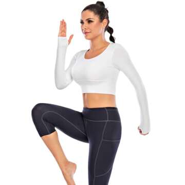 ECUPPER Women Long Sleeve Workout Tops Backless Yoga Gym Shirts Athletic Crop Top with Built in Bra for Fitness Sports Activewear White