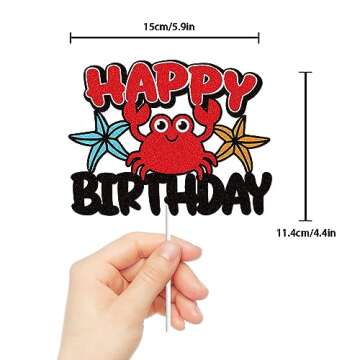 Crab Happy Birthday Cake Topper Black Red Glitter Ocean Under the Sea Cake Topper Beach Marine Animal Theme 1 Party Supplies for Kids Boys Girls