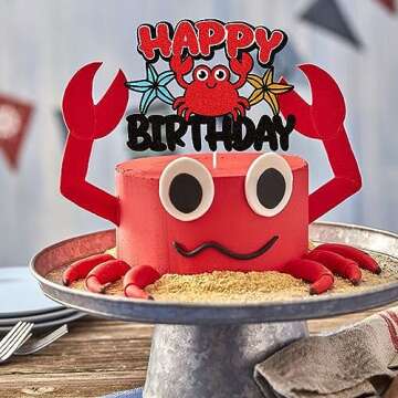 Crab Happy Birthday Cake Topper Black Red Glitter Ocean Under the Sea Cake Topper Beach Marine Animal Theme 1 Party Supplies for Kids Boys Girls