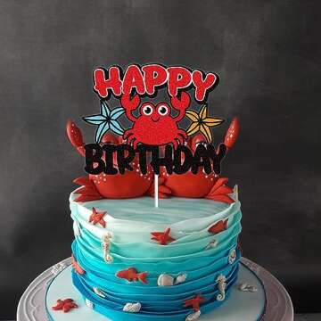 Crab Happy Birthday Cake Topper Black Red Glitter Ocean Under the Sea Cake Topper Beach Marine Animal Theme 1 Party Supplies for Kids Boys Girls