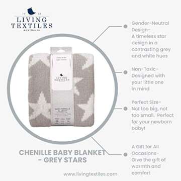 Living Textiles Grey Stars Chenille Soft Baby Blanket Reversible Premium Cozy Fabric for Best Comfort - for Infant,Toddler,Newborn,Nursery,Boy,Girl,Unisex,Throw,Crib,Stroller,Gift, Grey Stars 40x30