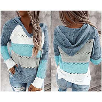 BLENCOT Women's Casual Color Block Hoodies Sweater Long Sleeve Drawstring Pullover Sweatshirts Fashion Knitted Tops Blue S