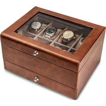 Watch box organizer for men - Leather watch case - Luxury watch box - For large mens wrist watches - Mens jewelry box organizer - Watch case - With mens valet drawer - Watch display case