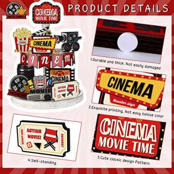 Movie Theater Decor 14 Pieces Wooden Home Theater Decor for Tiered Tray Cinema Retro Mini Sign Wood Movie Party Supplies with Cinema Wood Banner Movie Night Party Favor for Kitchen Table Home Decor