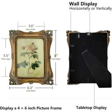 SIKOO Vintage 4 x 6 Picture Frame Antique Ornate Photo Frame Tabletop and Wall Hanging with High Definition Glass Front for Home Decor, Retro Photo Gallery, Old-Fashioned Art (4 x 6, Bronze Gold)