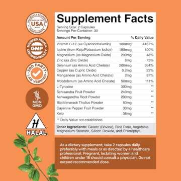 Herbal Thyroid Support Complex - Iodine Thyroid Supplement with L Tyrosine Bladderwrack Kelp Selenium and Ashwagandha - Mood Enhancer Energy Supplement for Thyroid Health - 60 Halal Capsules