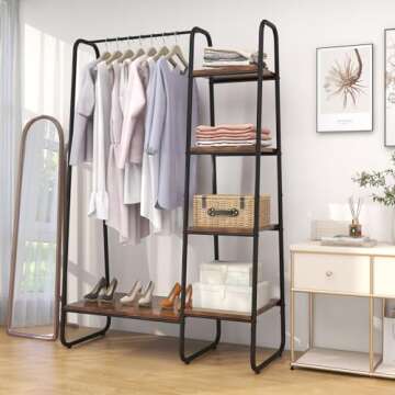 Tangkula Garment Rack with Shelves, Clothes Rack with 5 Shelves & Hanging Bar, Open Wardrobe for Hanging Clothes and Storage, Free Standing Closet Organizer, Clothing Rack for Bedroom Entryway