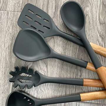 Large Silicone Cooking Utensils Set - Heat Resistant Silicone Kitchen Utensils for Cooking w Wooden Handles, Spatula Set, Kitchen Utensil Gadgets Sets for Non-Stick Cookware, BPA Free (Black)